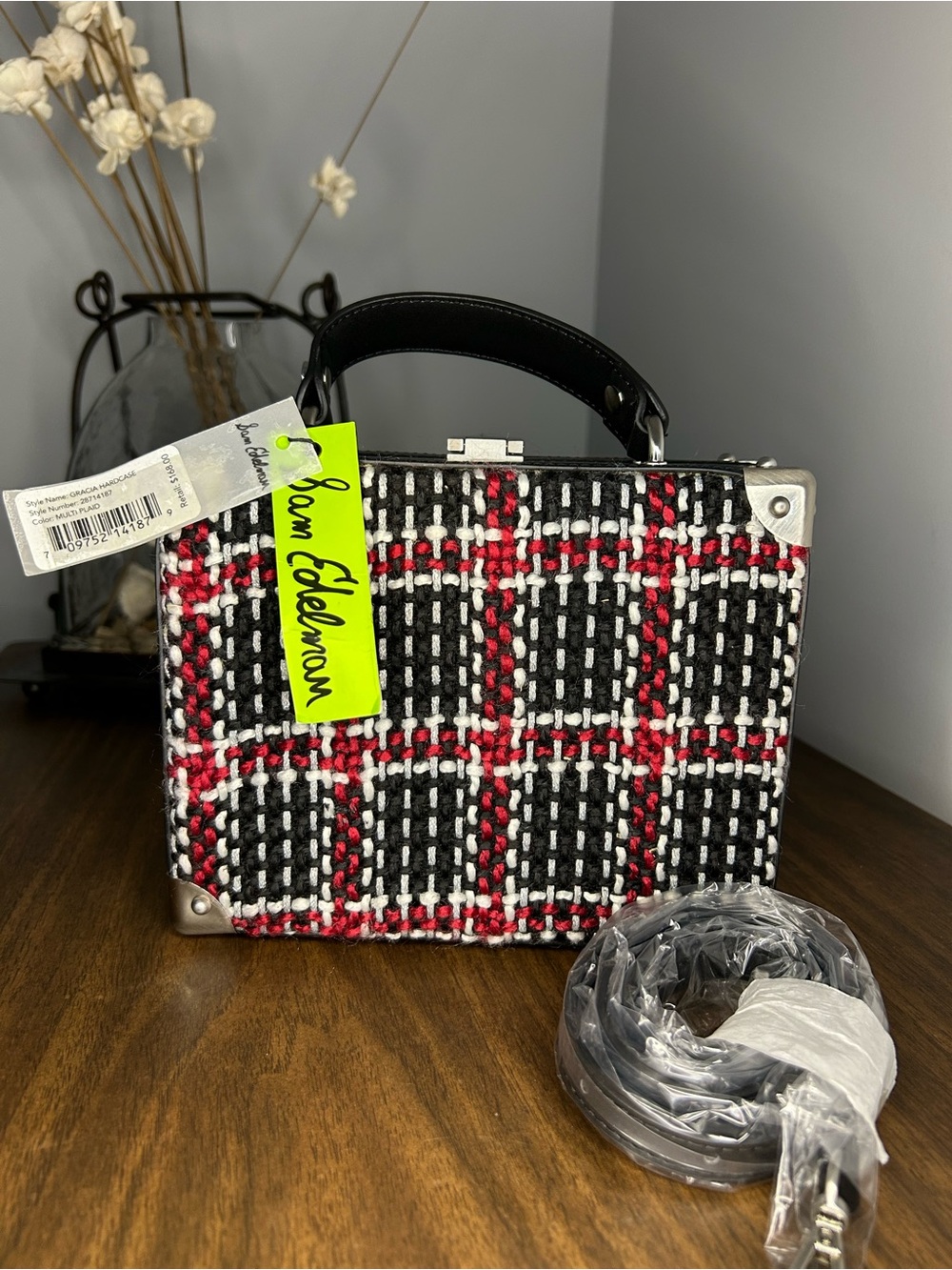 Sam Edelman Gracia Plaid Tweed Studded Mini Trunk Crossbody Bag NWT